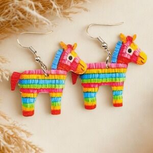 New Pinata Donkey Earrings Rainbow Dangle Fiesta Funny Kitsch Statement